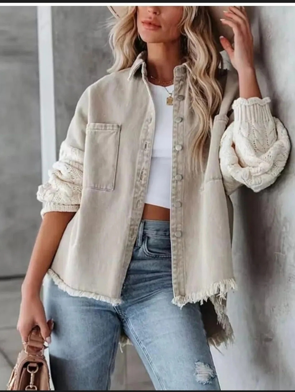 POL Cream Beige Frayed-Hem Button Shirt Jacket